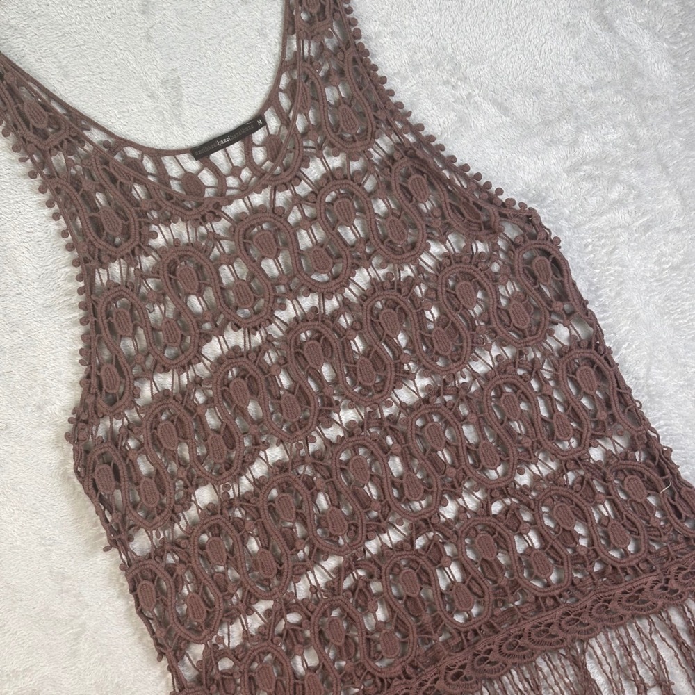 Hazel Haze‎ Women's Boho Brown Crochet Fringe Tank Top Festival Beach Sz M